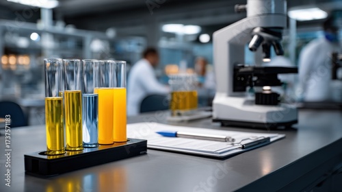 Laboratory Table Displaying Various Glassware and a Microscope for Scientific Research and Experimentation in a Bright and Organized Workspace Environment