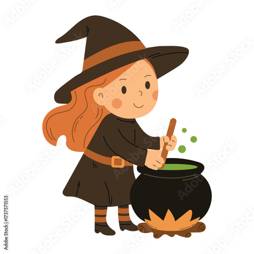 Cartoon witch girl stirring potion in black cauldron. Cute character design for Halloween, greeting cards, stickers, posters