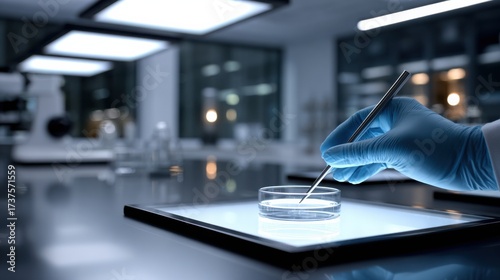 Scientist in Laboratory Setting Holding Glass Container Filled with Colorful Liquid Surrounded by Scientific Equipment Creating a Focused Atmosphere