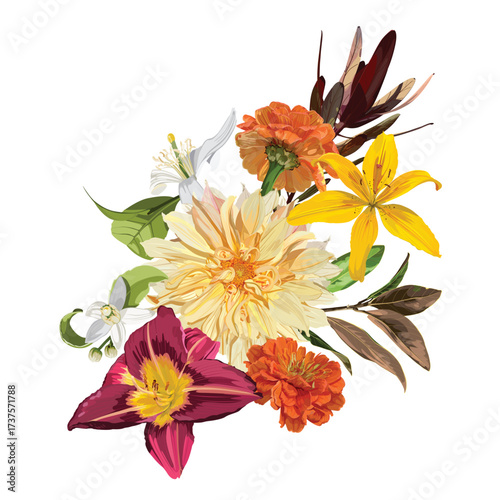 Garden beige red flowers bouquet. Magical lily, dahlia flowers. Realistic vector image. Print for all types of surfaces. Trendy print.