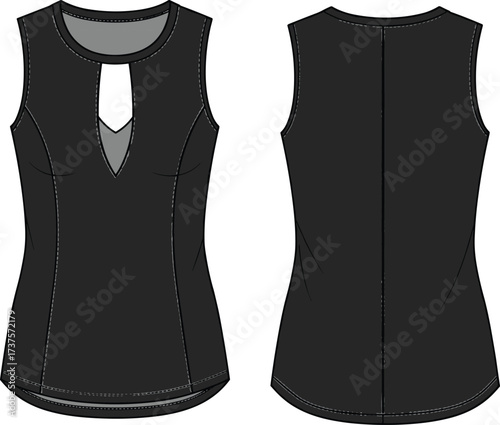 Women's sleeveless top, fashion flat sketch, keyhole neckline, princess seams, curved hem, technical apparel design, cad drawing flat vector illustration
