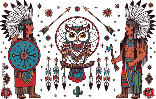 Tribal Native American vector illustration, owl dreamcatcher, feathers, arrows, warrior chiefs, tomahawk, shield, cactus, roses, boho ethnic cultural decorative design