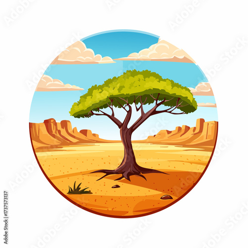 desert scene with a lone tree growing in the middle of a vast, dry landscape