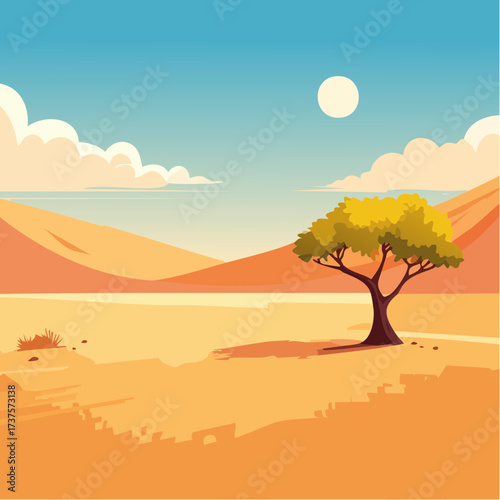 desert scene with a lone tree growing in the middle of a vast, dry landscape