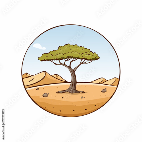 desert scene with a lone tree growing in the middle of a vast, dry landscape