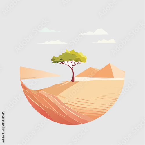 desert scene with a lone tree growing in the middle of a vast, dry landscape