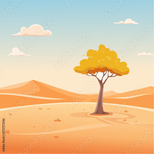 desert scene with a lone tree growing in the middle of a vast, dry landscape