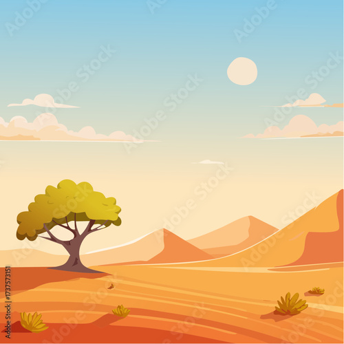 desert scene with a lone tree growing in the middle of a vast, dry landscape