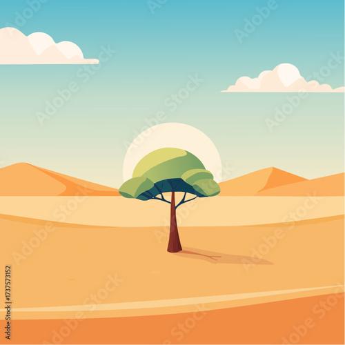 desert scene with a lone tree growing in the middle of a vast, dry landscape