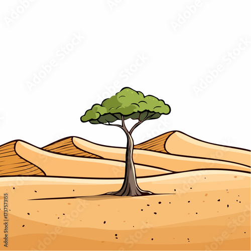 desert scene with a lone tree growing in the middle of a vast, dry landscape