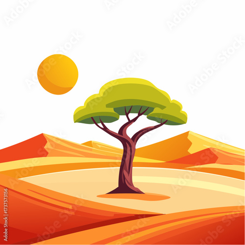 desert scene with a lone tree growing in the middle of a vast, dry landscape