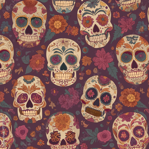 Skull Sugar Skulls Seamless Pattern for Dia De Los Muertos Design