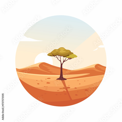 desert scene with a lone tree growing in the middle of a vast, dry landscape