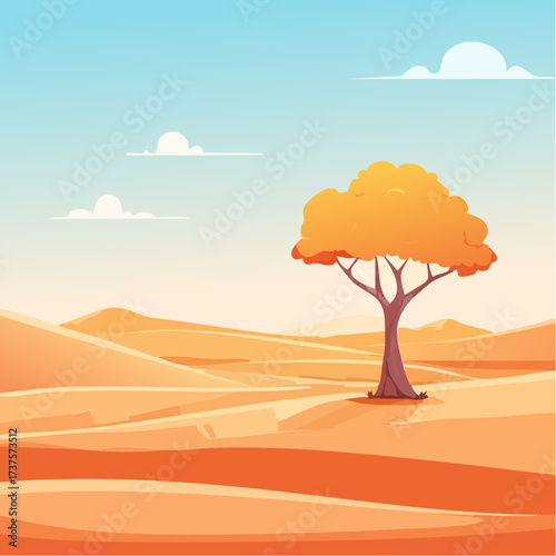 desert scene with a lone tree growing in the middle of a vast, dry landscape