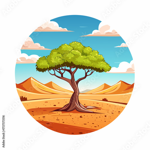 desert scene with a lone tree growing in the middle of a vast, dry landscape