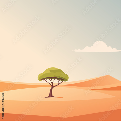desert scene with a lone tree growing in the middle of a vast, dry landscape