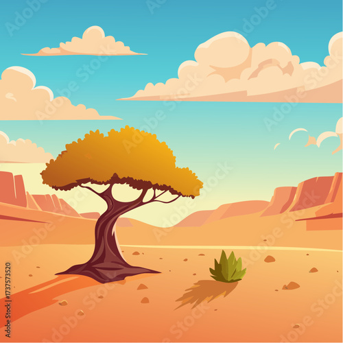 desert scene with a lone tree growing in the middle of a vast, dry landscape