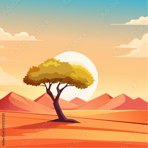 desert scene with a lone tree growing in the middle of a vast, dry landscape