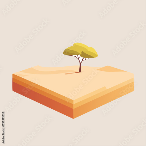 desert scene with a lone tree growing in the middle of a vast, dry landscape
