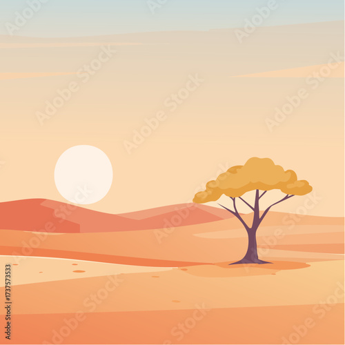 desert scene with a lone tree growing in the middle of a vast, dry landscape