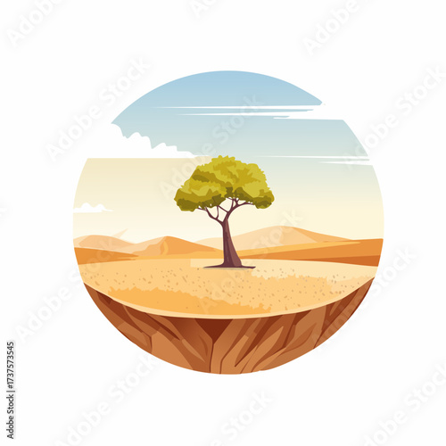 desert scene with a lone tree growing in the middle of a vast, dry landscape