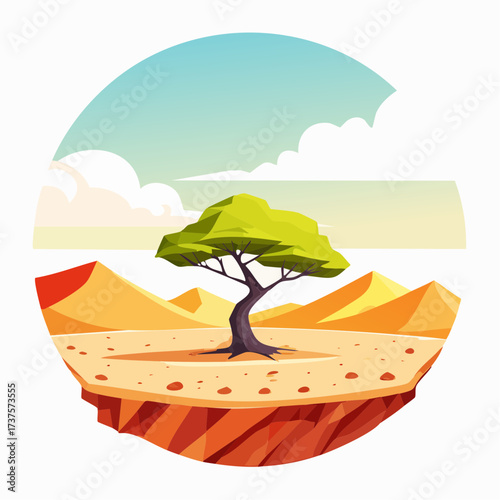 desert scene with a lone tree growing in the middle of a vast, dry landscape