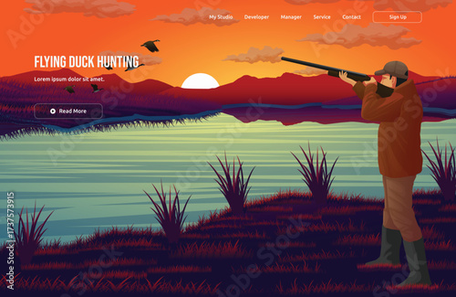 Flying Duck Hunting vector illustration with abstract nature elements, including lifestyle, character, and background. Ideal for sport, hobby, and landscape content.