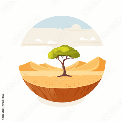 desert scene with a lone tree growing in the middle of a vast, dry landscape