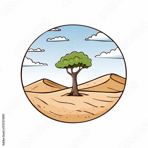 desert scene with a lone tree growing in the middle of a vast, dry landscape