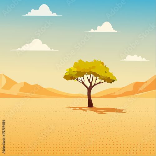 desert scene with a lone tree growing in the middle of a vast, dry landscape