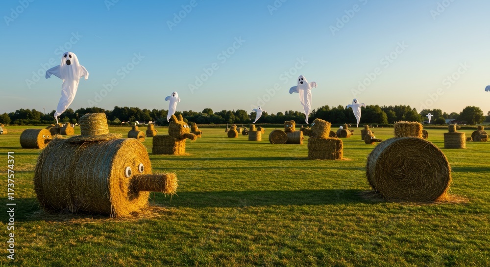 Obraz premium Spooky Harvest Field: A captivating scene unfolds, with an autumnal field adorned with whimsical hay bale creatures, against a backdrop of a clear sky, bringing the holiday spirit to life.