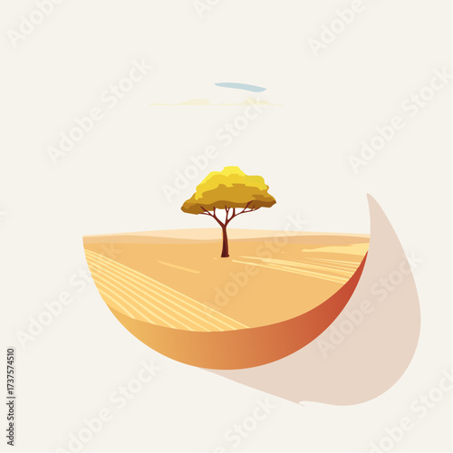 desert scene with a lone tree growing in the middle of a vast, dry landscape