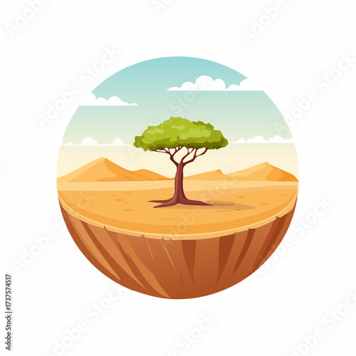 desert scene with a lone tree growing in the middle of a vast, dry landscape