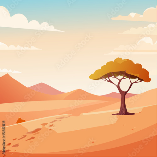 desert scene with a lone tree growing in the middle of a vast, dry landscape