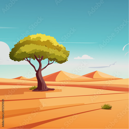 desert scene with a lone tree growing in the middle of a vast, dry landscape