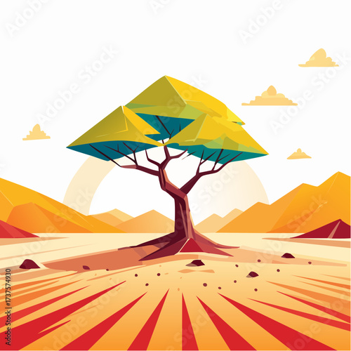 desert scene with a lone tree growing in the middle of a vast, dry landscape