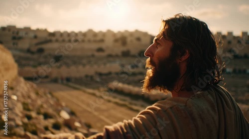Jesus points his hand toward historic Jerusalem at sunset. Spiritual message with biblical concept for Christian art.	