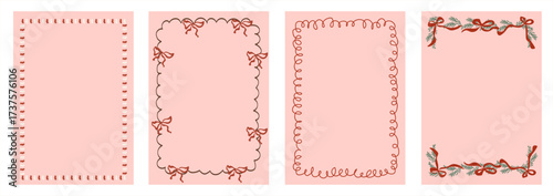 Hand drawn Christmas doodle frames with whimsical sketch borders, garland, bow, ribbon. Festive stationery and greeting card templates for holiday design. Vector illustration for seasonal backgrounds.