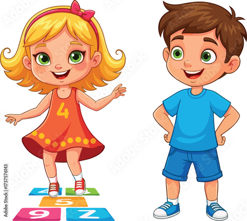 Cartoon children playing hopscotch game, educational numbers activity, happy boy and girl illustration, colorful learning concept, school playground fun design