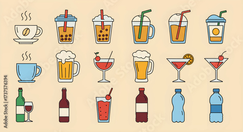 Assorted Drink and Beverage Line Art Icon Collection.