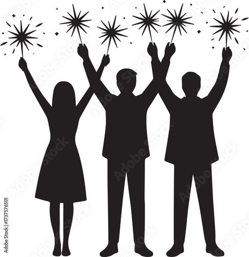 Celebration silhouette of three people holding sparklers up high in joyful new year festivities