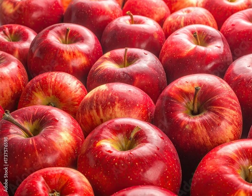 Close Up Rows of Fresh Red Apples with Water Droplets in Bright Lighting