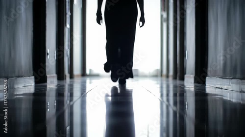 Low-angle video of a person's silhouetted lower legs walking a dark, reflective corridor with blinding backlighting, casting long shadows. Concept of mysterious journey
