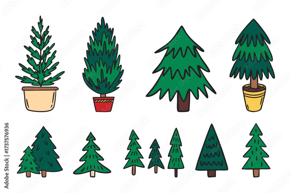 Obraz premium Evergreen pine trees collection in varied forms and sizes, isolated forest elements, hand drawn.