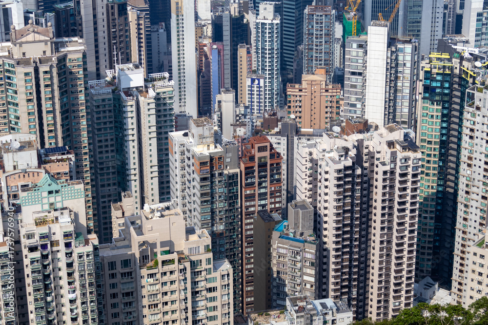 Fototapeta premium Overlooking the dense housing in Hong Kong, China