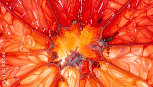 Close Up Section of Ruby Red Grapefruit With Translucent Texture Orange Center and Detailed Pulp Segments Displaying Vibrant Color and Juicy Appearance