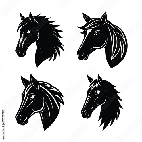 Vector art of four black horse head silhouettes in different poses