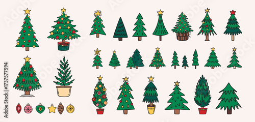 Christmas trees collection with potted pines, ornaments and star toppers, cozy festive set, hand drawn.