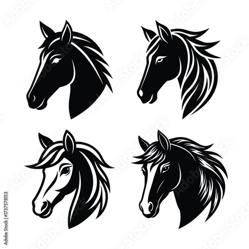 Vector art of collection of four stylized black horse head illustrations