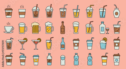 Collection of various beverage icons including coffee, tea, juice, beer, cocktails and more.